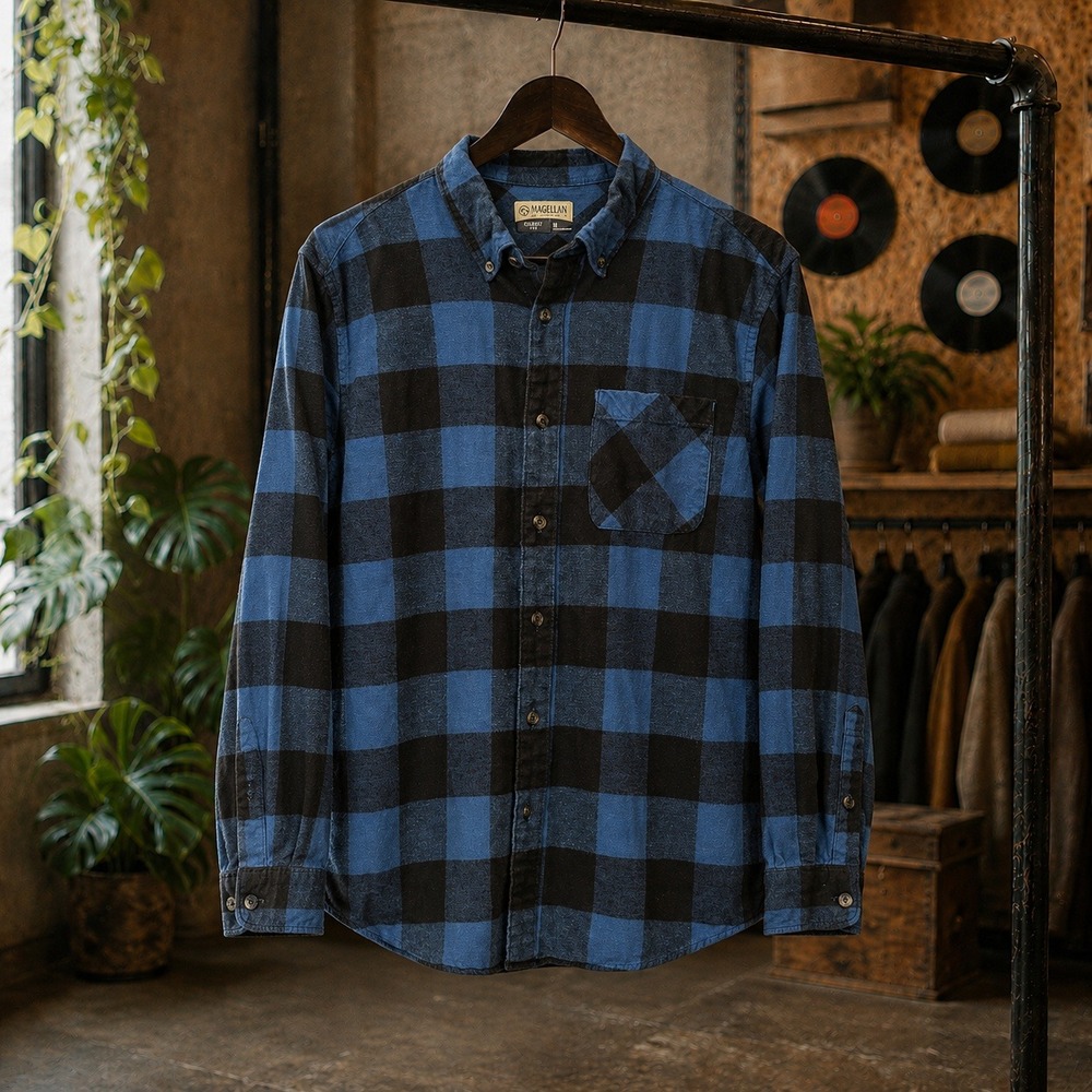 Magellan Outdoors Blue Black Buffalo Plaid Flannel Shirt Mens Size Medium M